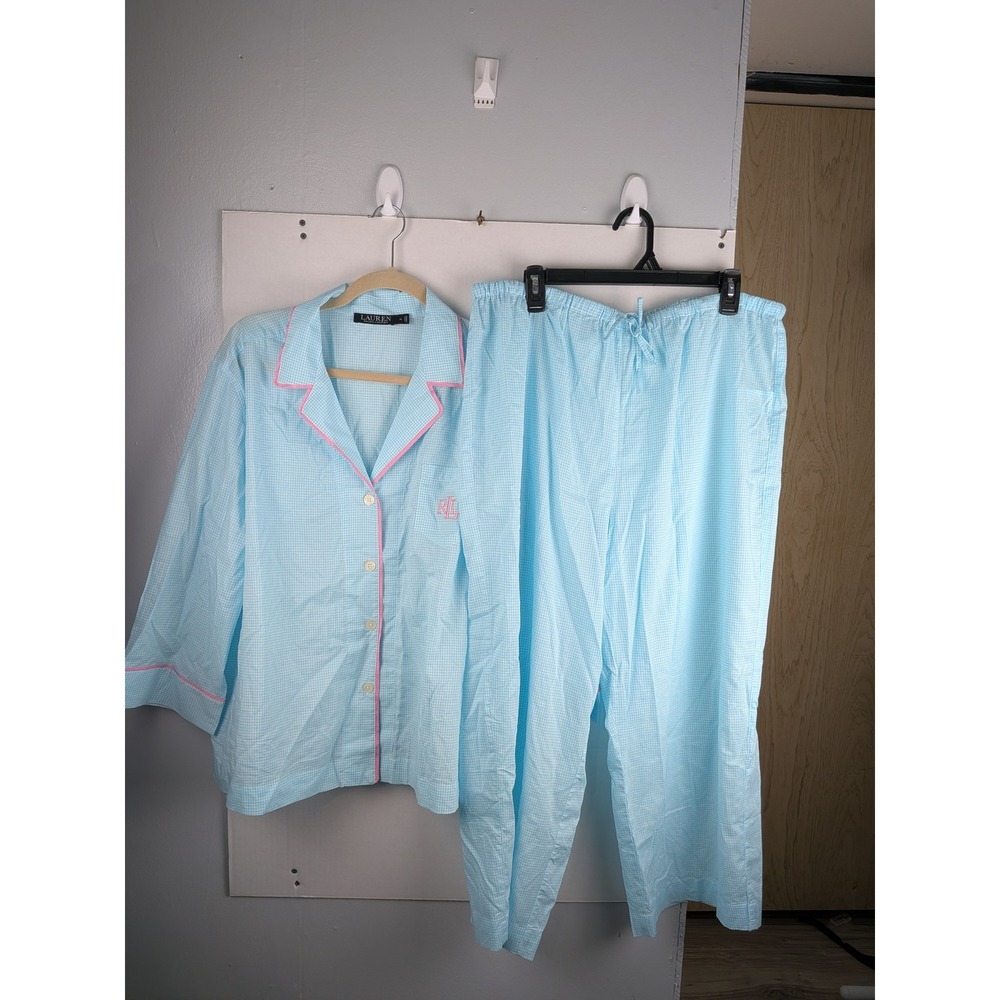 LAUREN RALPH LAUREN Women's Blue Gingham Pajama Set XL Sleepwear Loungewear